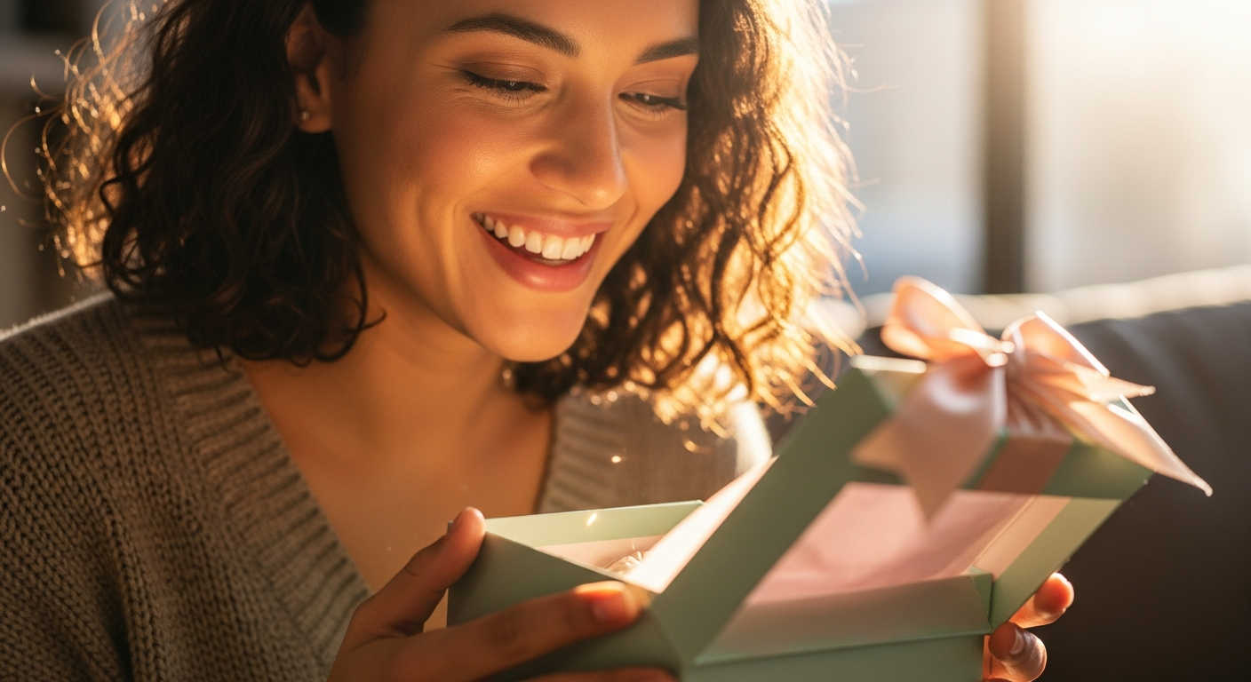 Happy customer holding personalized polaroid gift